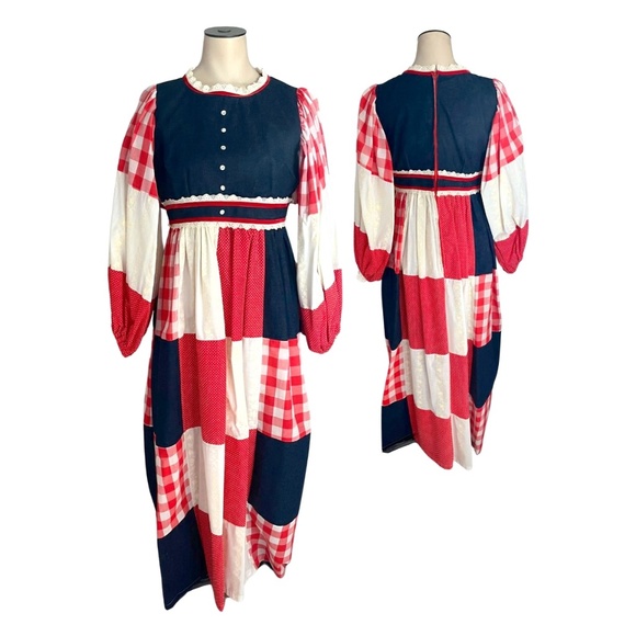 Vintage 1960s 70s Marianne Red Blue Patchwork Prairie Maxi Dress // XS S 2 4 6 - Picture 1 of 8